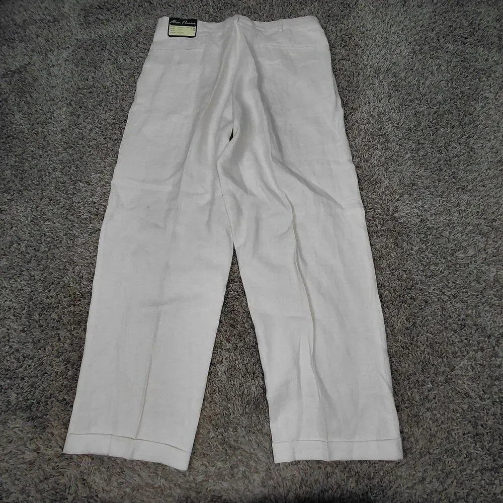 Alan Flusser 100% Linen Pants Mens 36x30 White Pleated Cuffed Trousers